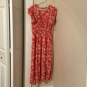 Size large pink/red pattern Chelsea 28 midi dress with cap sleeve and v neck
